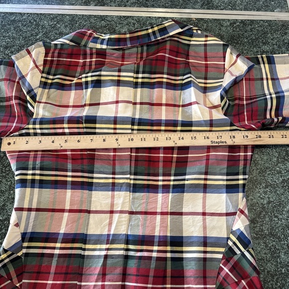 Coldwater Creek Top Sz L Plaid 100% Silk Button Front Blouse Tartan Multi Red - Picture 10 of 16